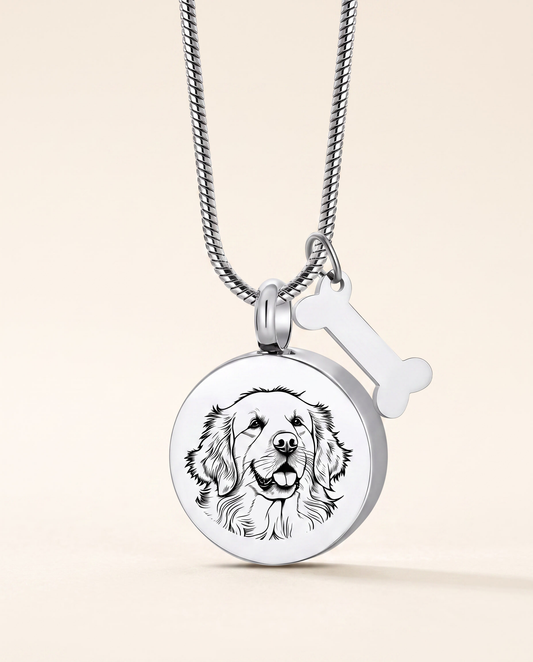 The Forever Portrait Necklace in silver with an engraved pet portrait pendant